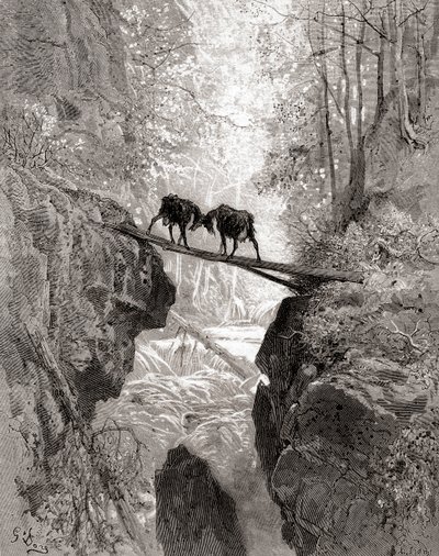The Two Goats, from a late 19th century edition of Fables de La Fontaine by Gustave Dore